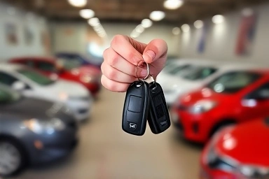 Hand holding car keys, used car purchase, budget vehicle