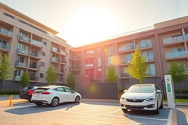 Modern apartment complex with electric vehicle charging station.