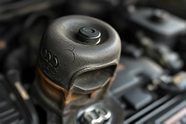 Worn Audi A7 engine mount, showing cracks and stress.