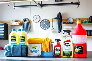 Organized car wash supplies in a bright garage.