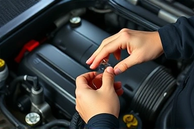 Mechanic checking car brake fluid level in reservoir
