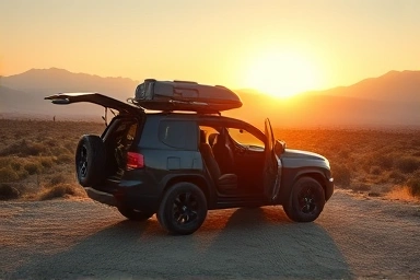 SUV car camping in nature at sunrise.