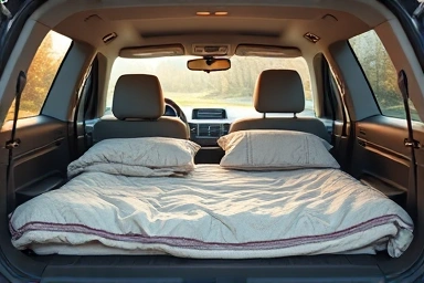 Comfortable car camping sleeping setup inside an SUV.