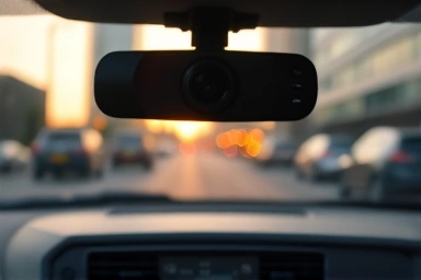 Car's integrated dashboard camera, modern technology, clear view.