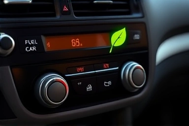 Car dashboard with air conditioning controls and fuel efficiency symbol.