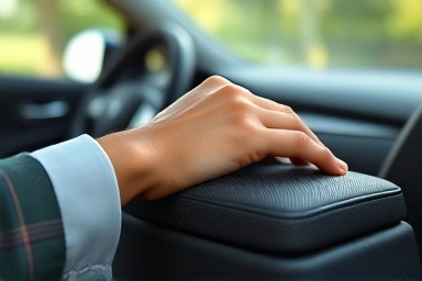 Driver's hand resting on a car armrest cushion for comfort.