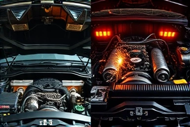 Car engine: well-maintained vs. damaged comparison.