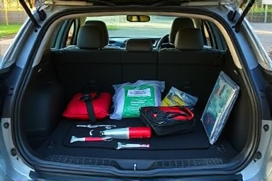 Organized car emergency kit in a trunk, prepared for safety.