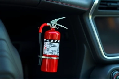 Car fire extinguisher mounted securely in a modern car interior.