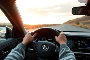 Hands steering car, smooth driving, fuel efficiency