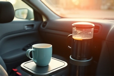 Cozy car interior with coffee and coffee pot