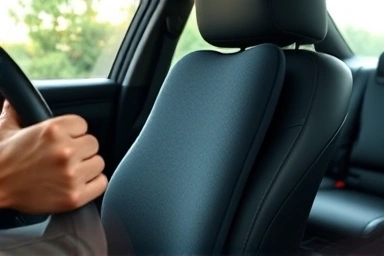 Driver's hands on steering wheel with lumbar support cushion.