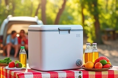 Portable car refrigerator at a campsite