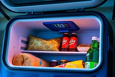 Inside view of a well-organized portable car refrigerator