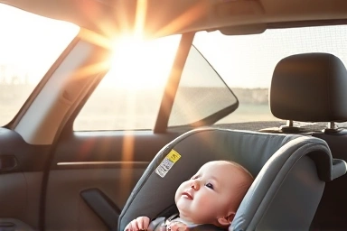 Baby in car seat protected by sunshade from harsh sunlight.