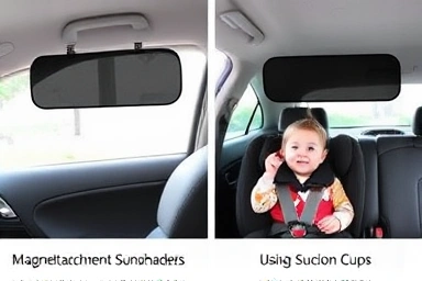 Comparison of magnetic and suction cup car seat sunshades.