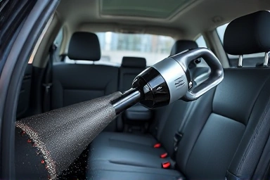 Cordless car vacuum cleaner in action, cleaning a car interior.
