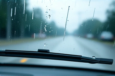 Car windshield with streaking wiper during rain