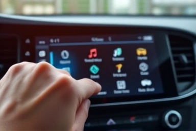 Hand interacting with a car's touchscreen interface.