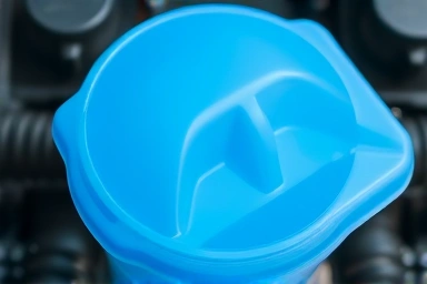 Clean car engine coolant reservoir with blue liquid.