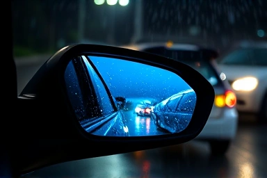 Digital side mirror screen showing clear night vision in rain