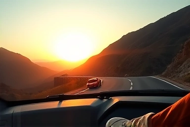 Car driving downhill, driver's foot near pedal, fuel saving