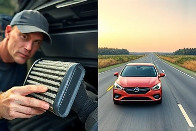 Mechanic cleaning DPF filter and car driving on highway