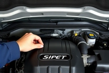 Mechanic checking coolant level for car engine maintenance.