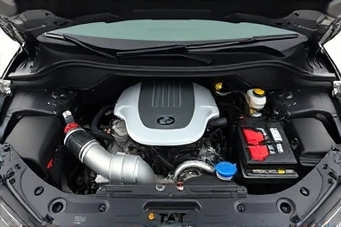 Pristine car engine bay, spotlessly clean and detailed.