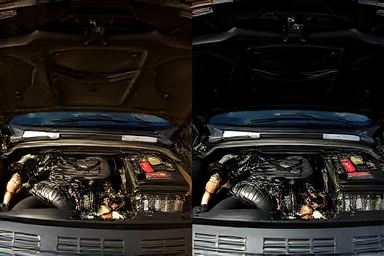 Before and after comparison of a car's engine bay cleaning.