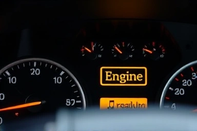 Car dashboard with yellow engine warning light.