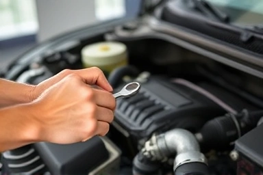 Mechanic inspecting car engine for diagnosis.