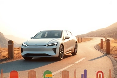Futuristic electric car driving on scenic road