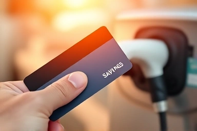 Hand holding credit card with electric car charger background