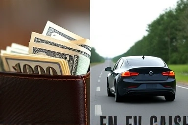 Wallet full of money and electric car on a road