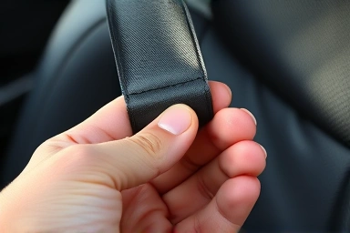 Hand checking seatbelt for flood damage signs