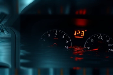 Damaged flooded car dashboard with warning lights