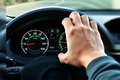 Car dashboard showing high fuel efficiency and a hand on steering wheel.