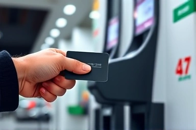 Hand holding credit card at self-service gas pump