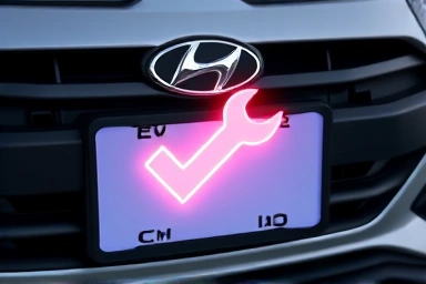 Hyundai car license plate with verification and repair symbols.