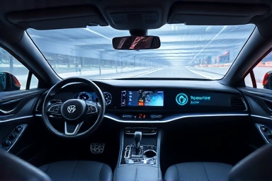 Futuristic car interior with holographic software update display.