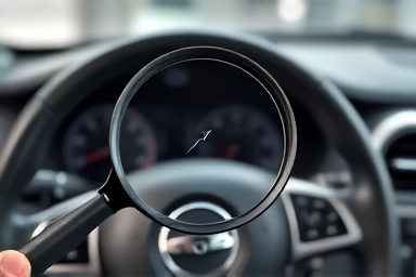 Magnifying glass inspecting subtle imperfection on new car dashboard.