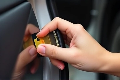 Checking car panel gap with a credit card for precision.