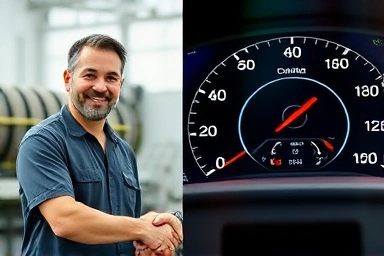 Customer and mechanic handshake, car dashboard with checkmark
