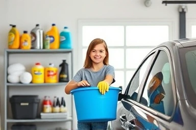 Beginner car wash kit organized in a garage.