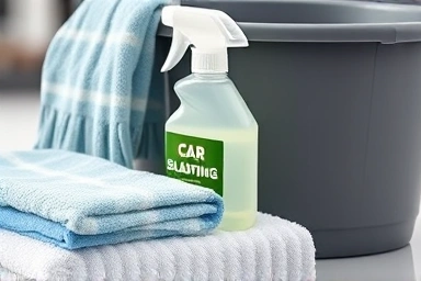 Close-up of essential car wash supplies: mitt, towel, shampoo, bucket.