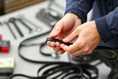 Mechanic inspecting car serpentine belt with tools