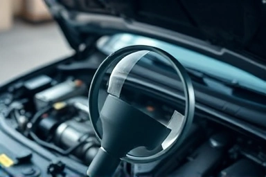 Magnifying glass inspecting a car engine, showing detailed checks.
