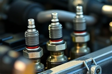Car engine spark plugs and ignition coils close-up