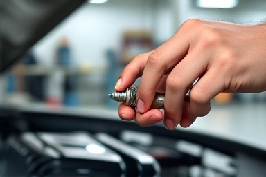 Mechanic inspecting car spark plug with focused precision
